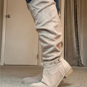Women's Beige Suede Slouch Knee-High Combat Boots